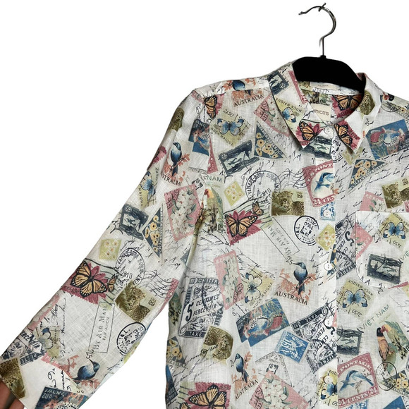 Chico's 100% Linen Novelty Print Button Up Size Medium Vacation Passport Travel - Picture 3 of 10